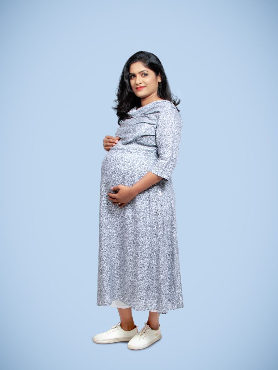 Maternity Midi Dress (Covid cowl Blue) ZIVAMOMS Maternity Midi Dress (Covid cowl Blue) ZIVAMOMS