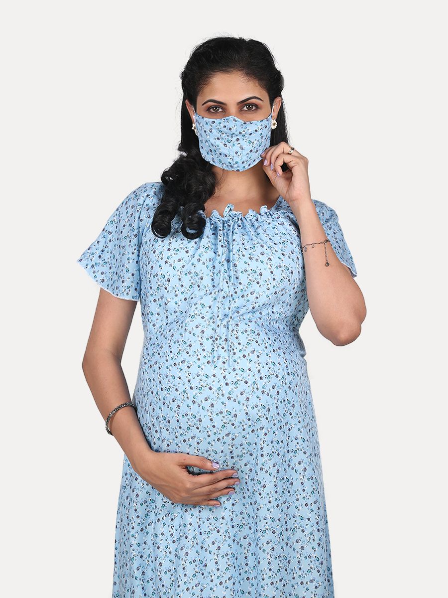 Nursing Nightie Short with Free Mask (Fay Light Blue)