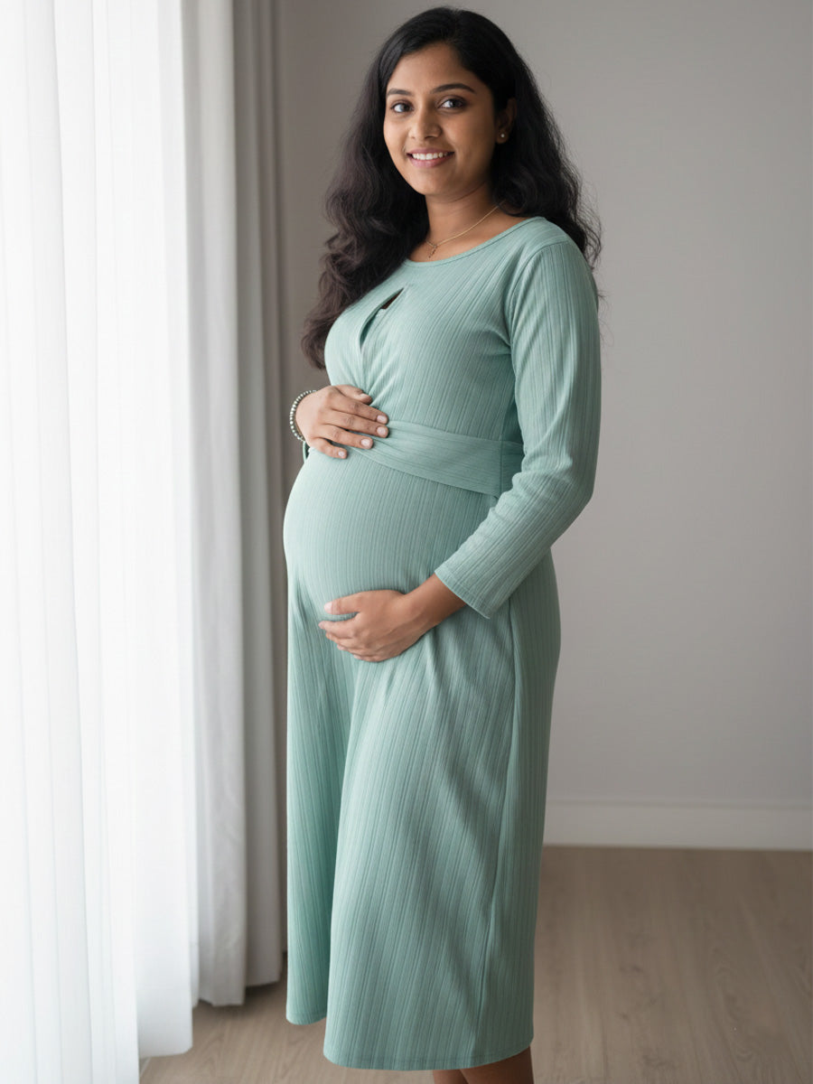 Green Twisty Knit Cotton Maternity & Nursing Dress (Zipless Feeding) ZIVAMOMS Green Twisty Knit Cotton Maternity & Nursing Dress (Zipless Feeding) ZIVAMOMS