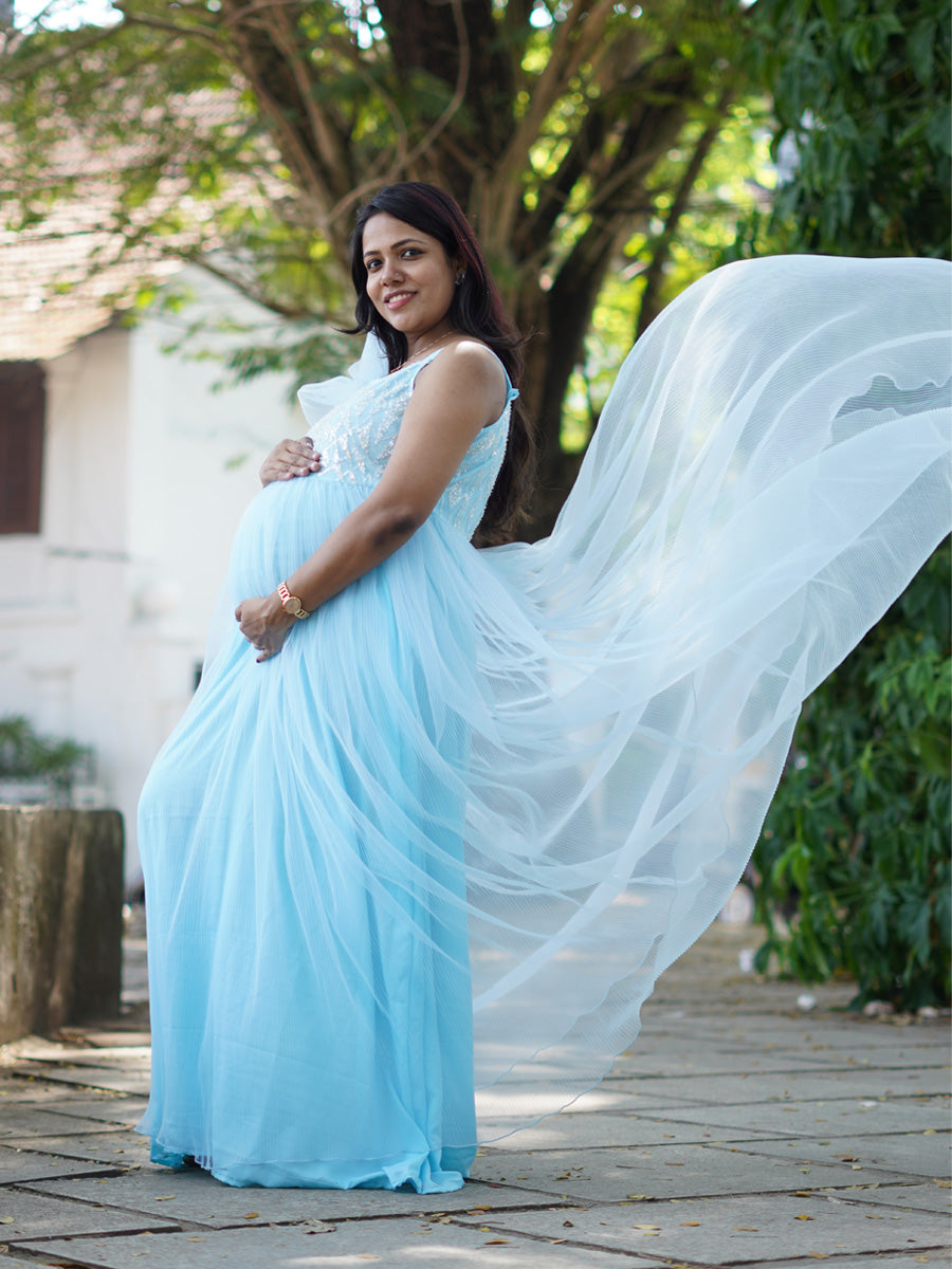 Sky Blossom Baby Shower & Photoshoot Maternity Gown Sky Blue ZIVAMOMS Sky Blossom Baby Shower & Photoshoot Maternity Gown Sky Blue ZIVAMOMS