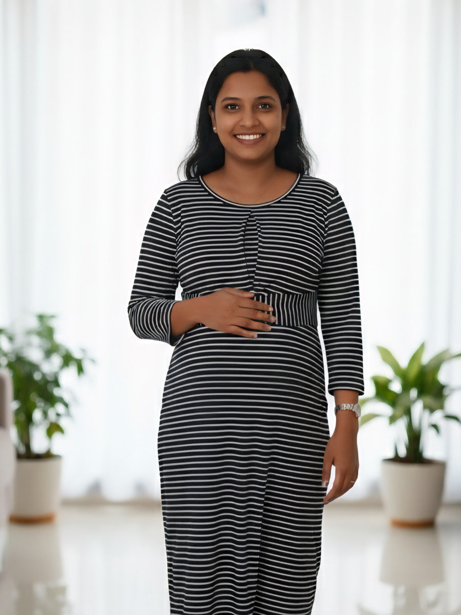 Navy Blue Knitted with White Striped Twisty Zipless Maternity Dress ZIVAMOMS Navy Blue Knitted with White Striped Twisty Zipless Maternity Dress ZIVAMOMS