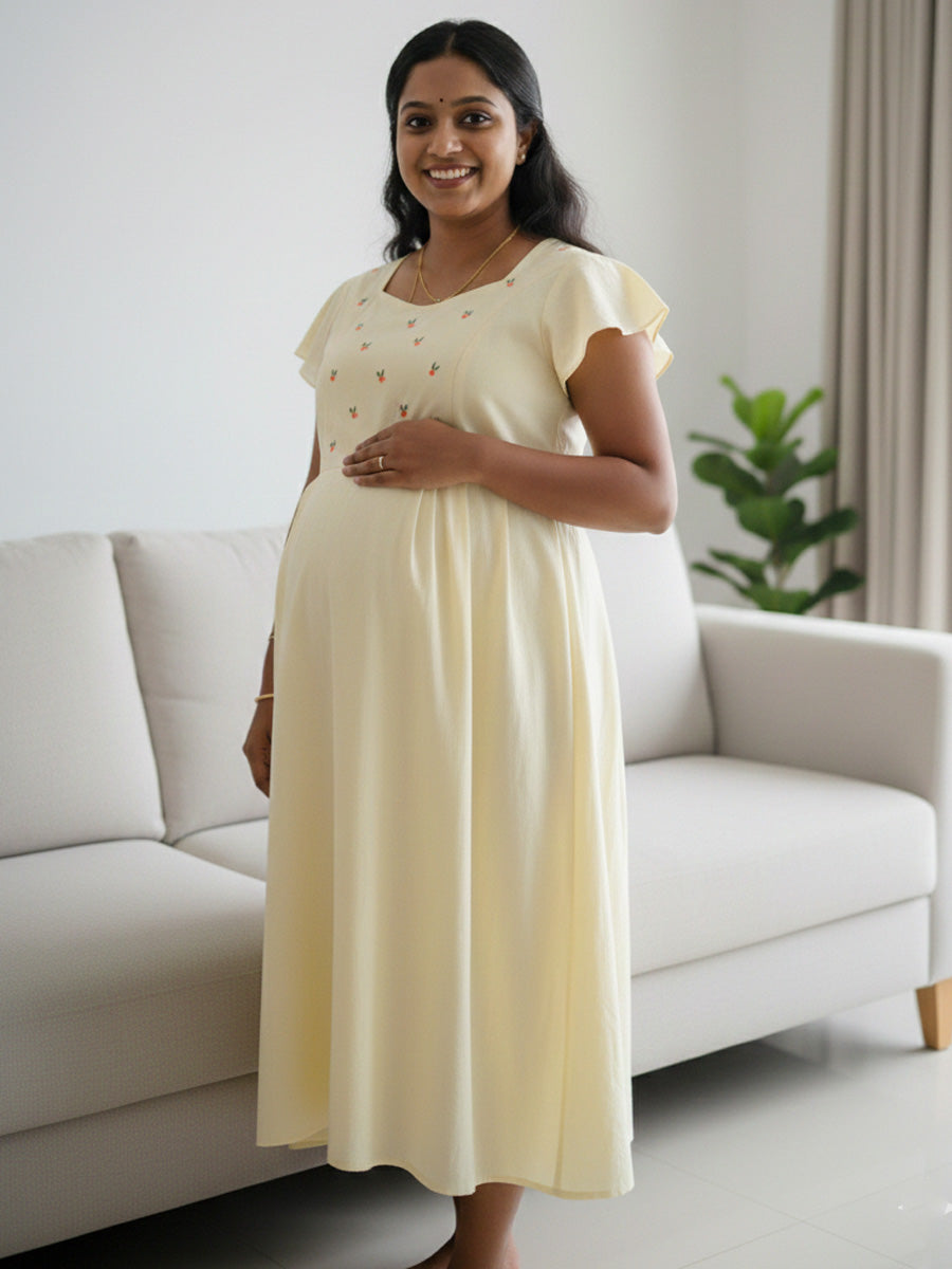 Yellow Plain Cotton Maternity & Nursing Dress with Flutter Sleeves Yellow Plain Cotton Maternity & Nursing Dress with Flutter Sleeves