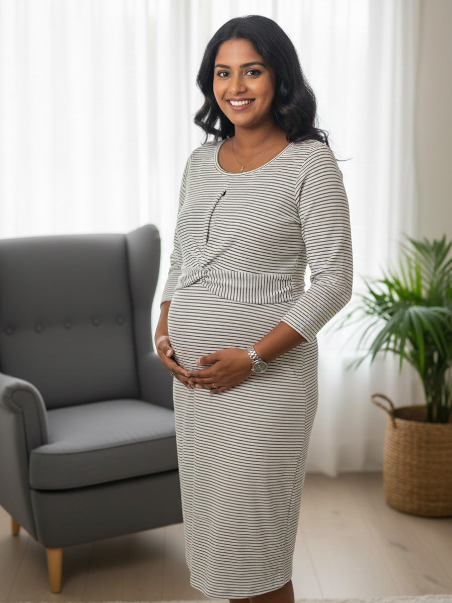 White Knitted Zipless Twisty Maternity Dress with Grey Striped Print ZIVAMOMS White Knitted Zipless Twisty Maternity Dress with Grey Striped Print ZIVAMOMS