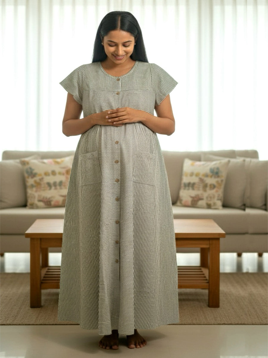 Light Cream Cotton Horizontal Striped FullOpen Maternity & Nursing Ni