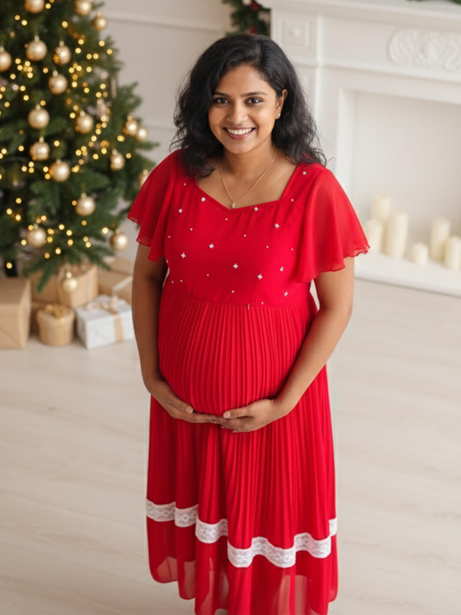 Maternity Midi Dress Festive Red ZIVAMOMS Maternity Midi Dress Festive Red ZIVAMOMS