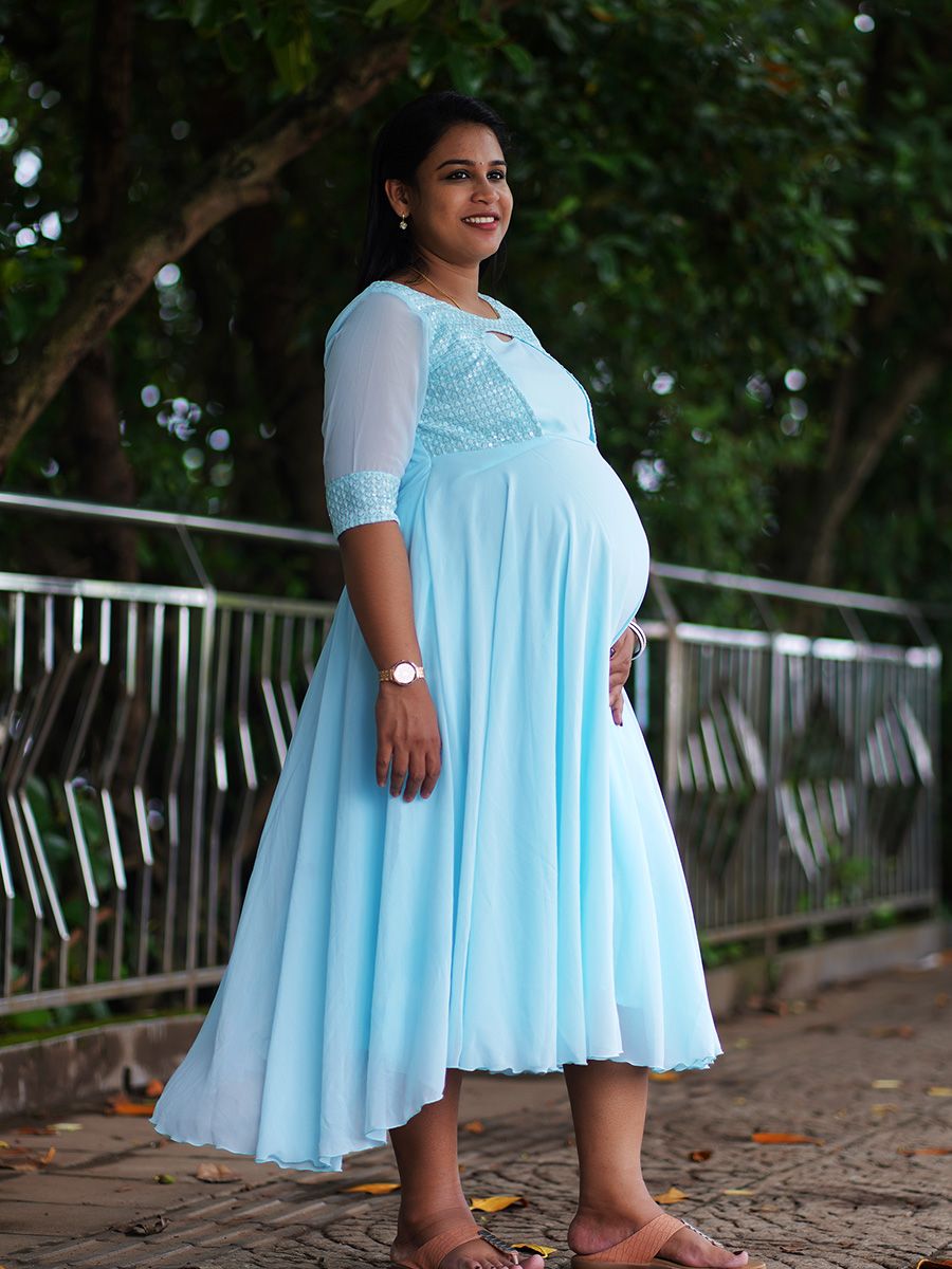Maternity Party Wear Short Dress - Cyan Blue