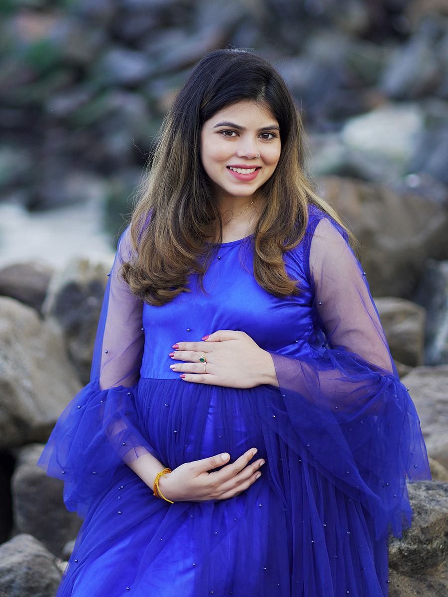 Maternity Baby Shower Bead Net Gown- Blue