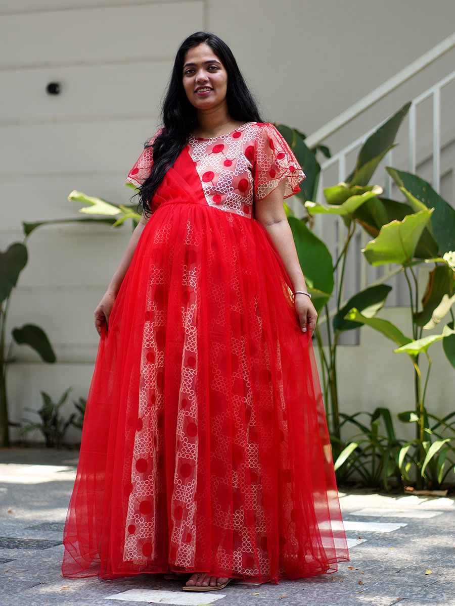 Maternity Baby Shower Gown  Red with Embroidery Net
