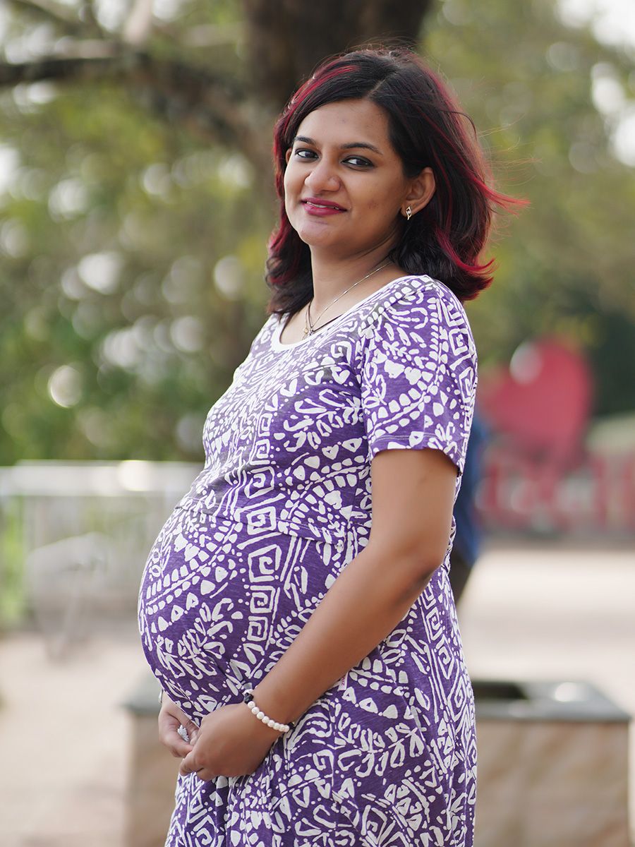 PRINTED KNITTED ZIPLESS MATERNITY SHORT NIGHT WEAR- GILDA VIOLET