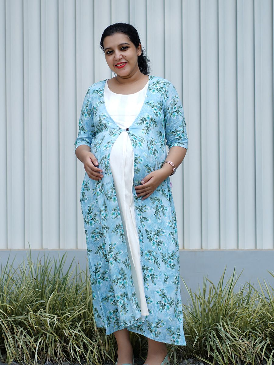 Maternity Floral Printed Jacket with Inner - Rachi Blue
