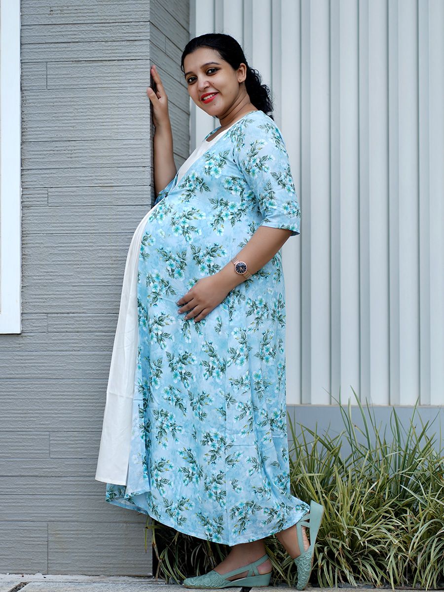 Maternity Floral Printed Jacket with Inner - Rachi Blue
