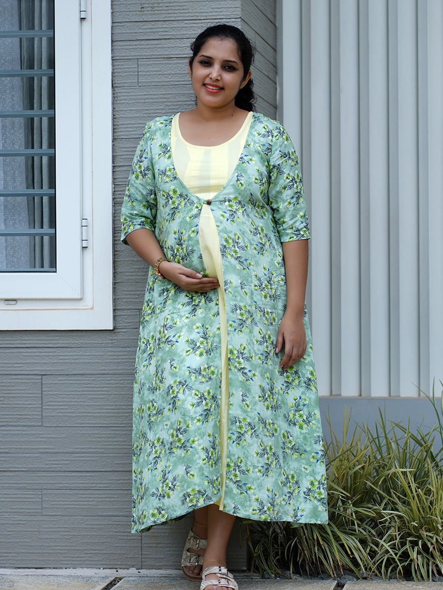 Maternity Floral Printed Jacket with Inner- Rachi L Green