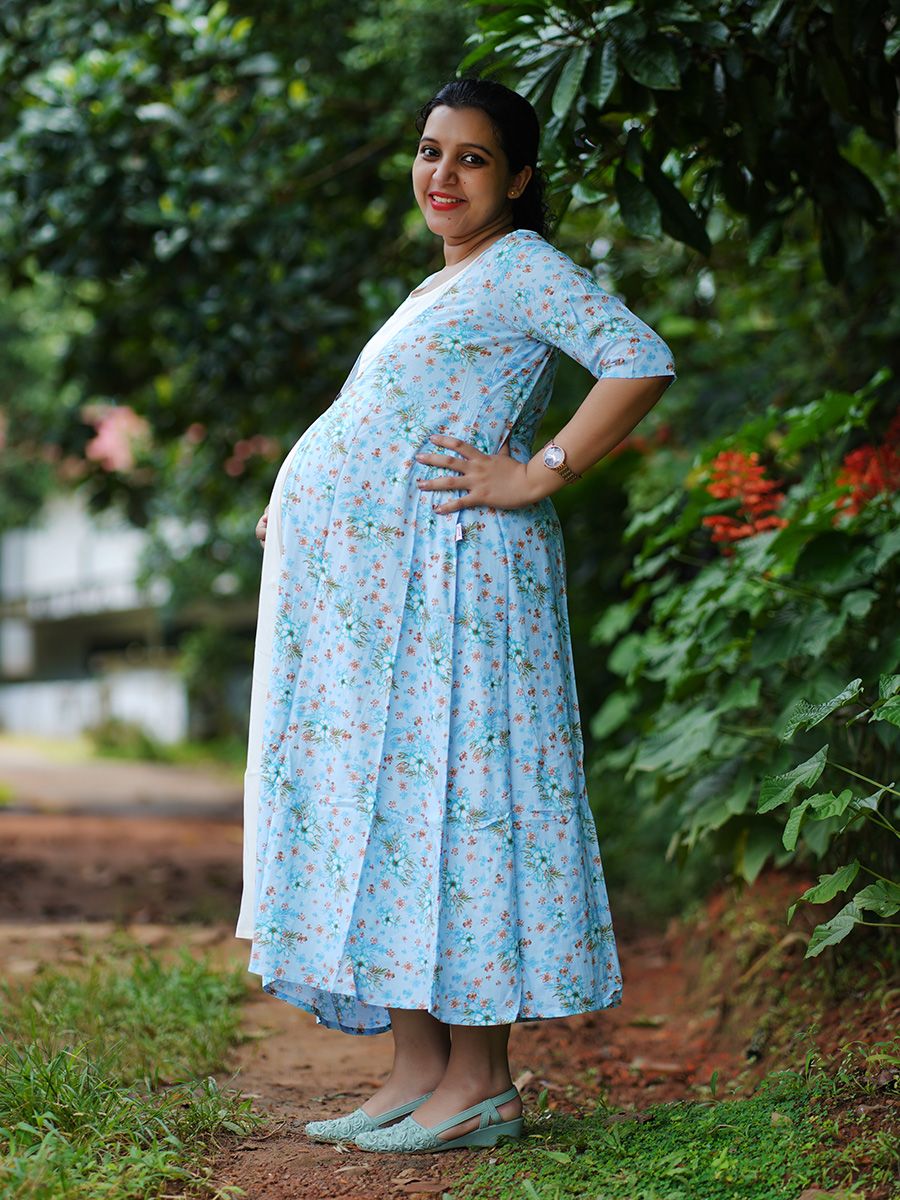 Maternity Floral Printed Jacket with Inner- L Blue