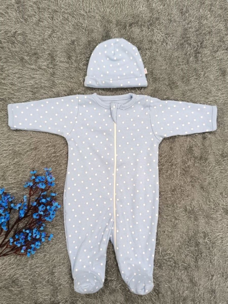 Baby Boy Sleepsuit/Cap- Blue Small Dot