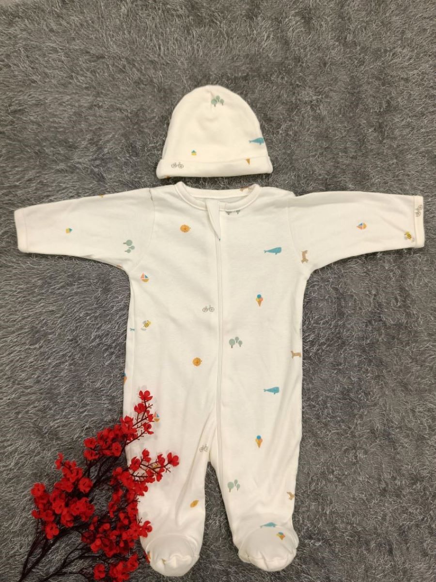 Baby Boy Sleepsuit/Cap- White Multi Print