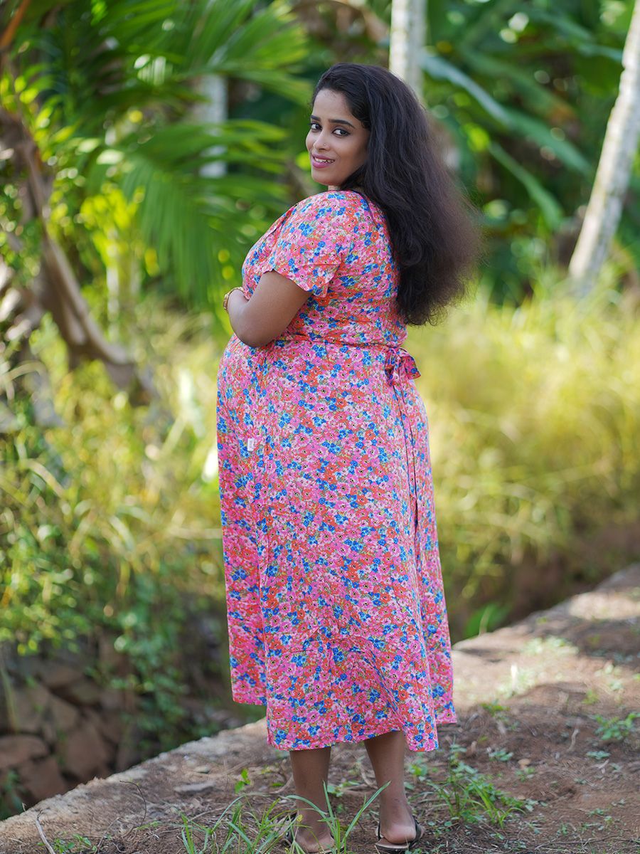 Maternity Short Night Gown-floral pink