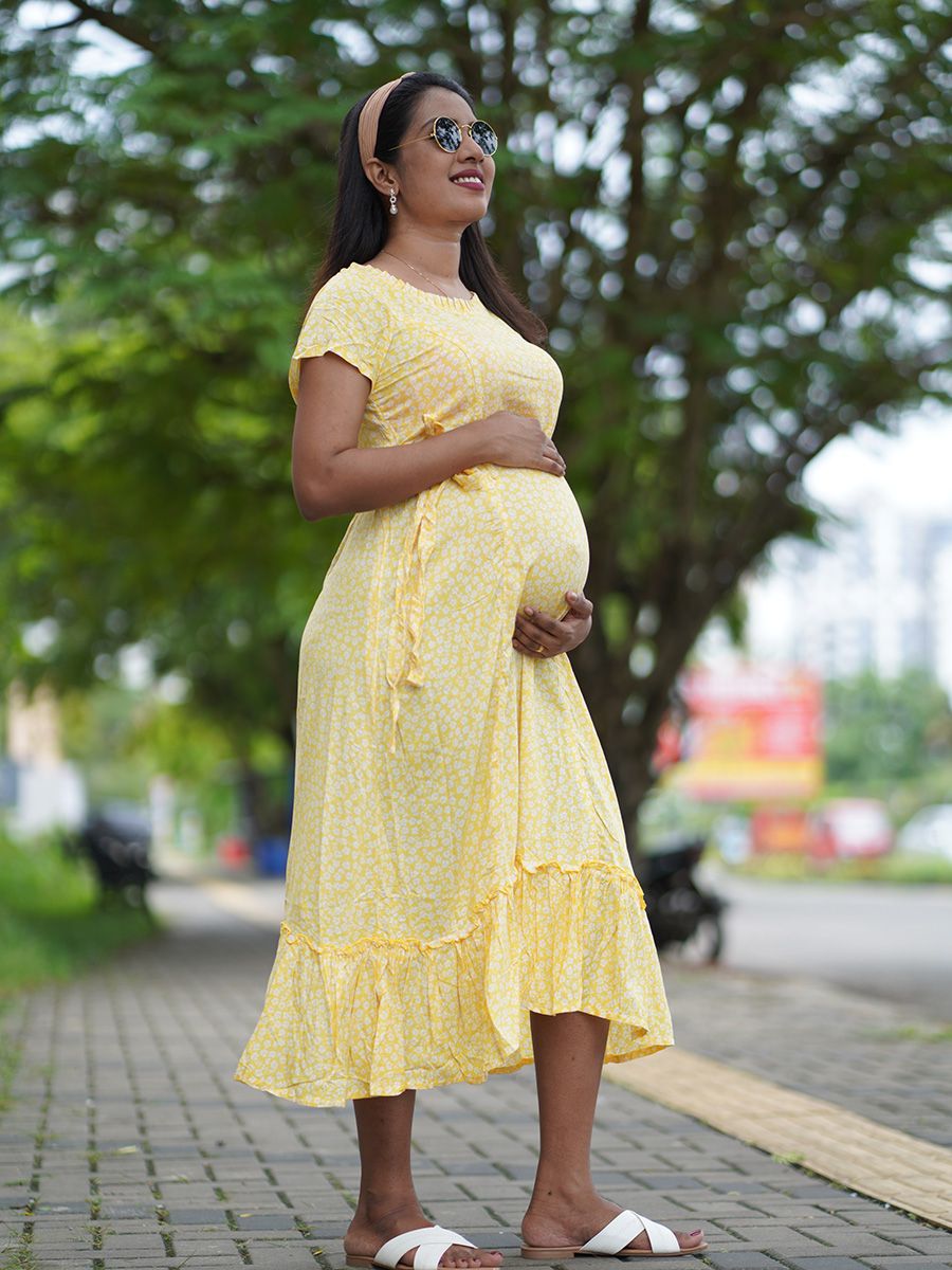 Maternity Short Night Gown- Floral   (Yellow)