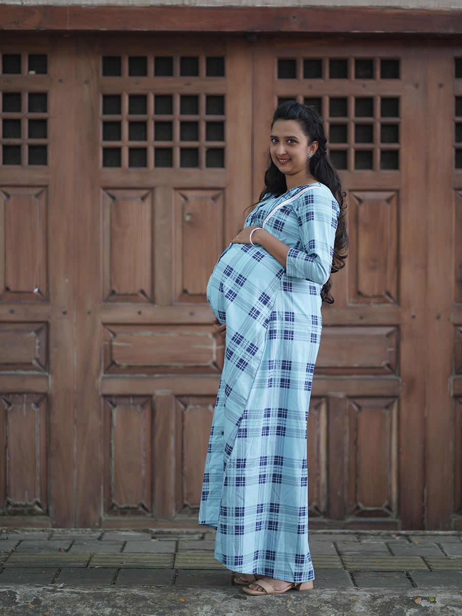 Maternity Full Night Gown-  (Sky Blue)
