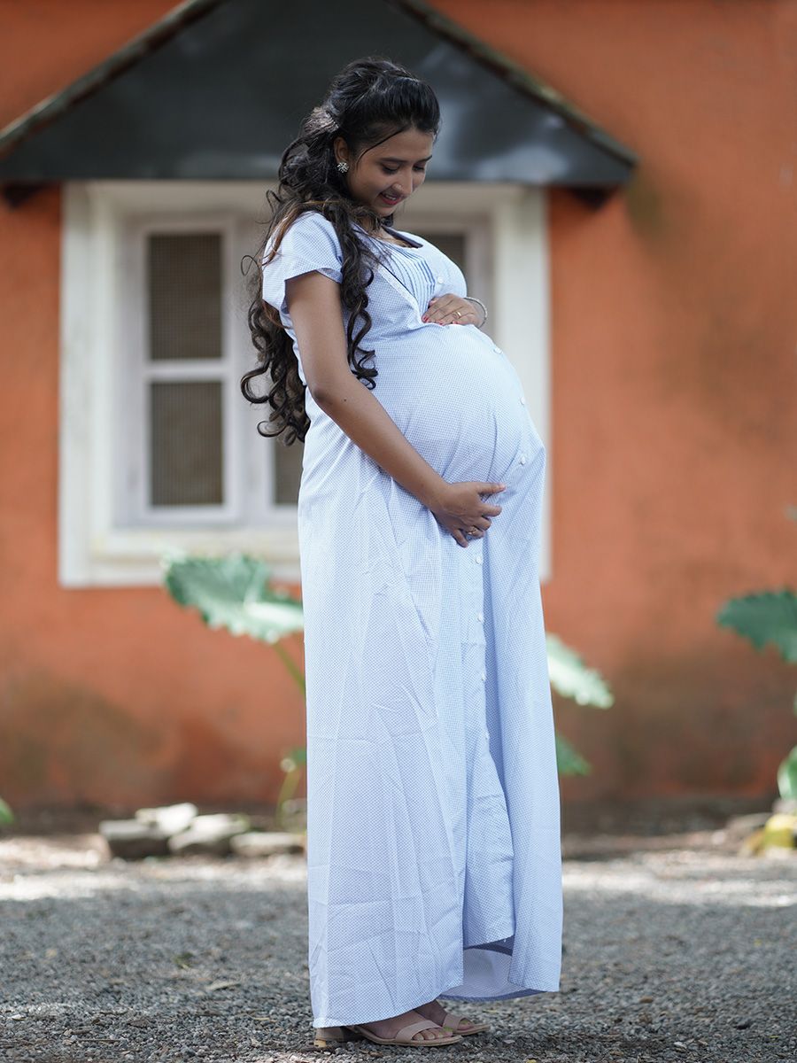 Maternity Full Night Gown-  (Light blue)