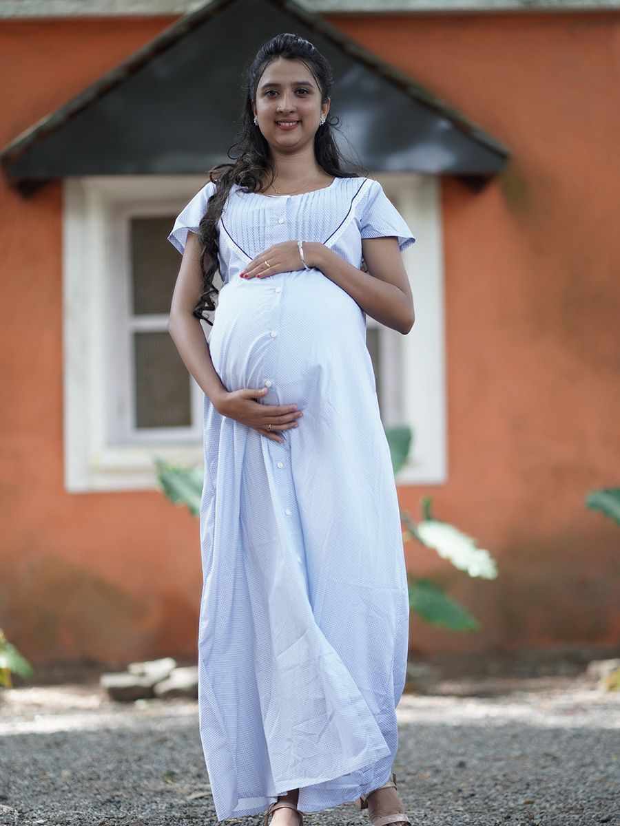 Maternity Full Night Gown-  (Light blue)