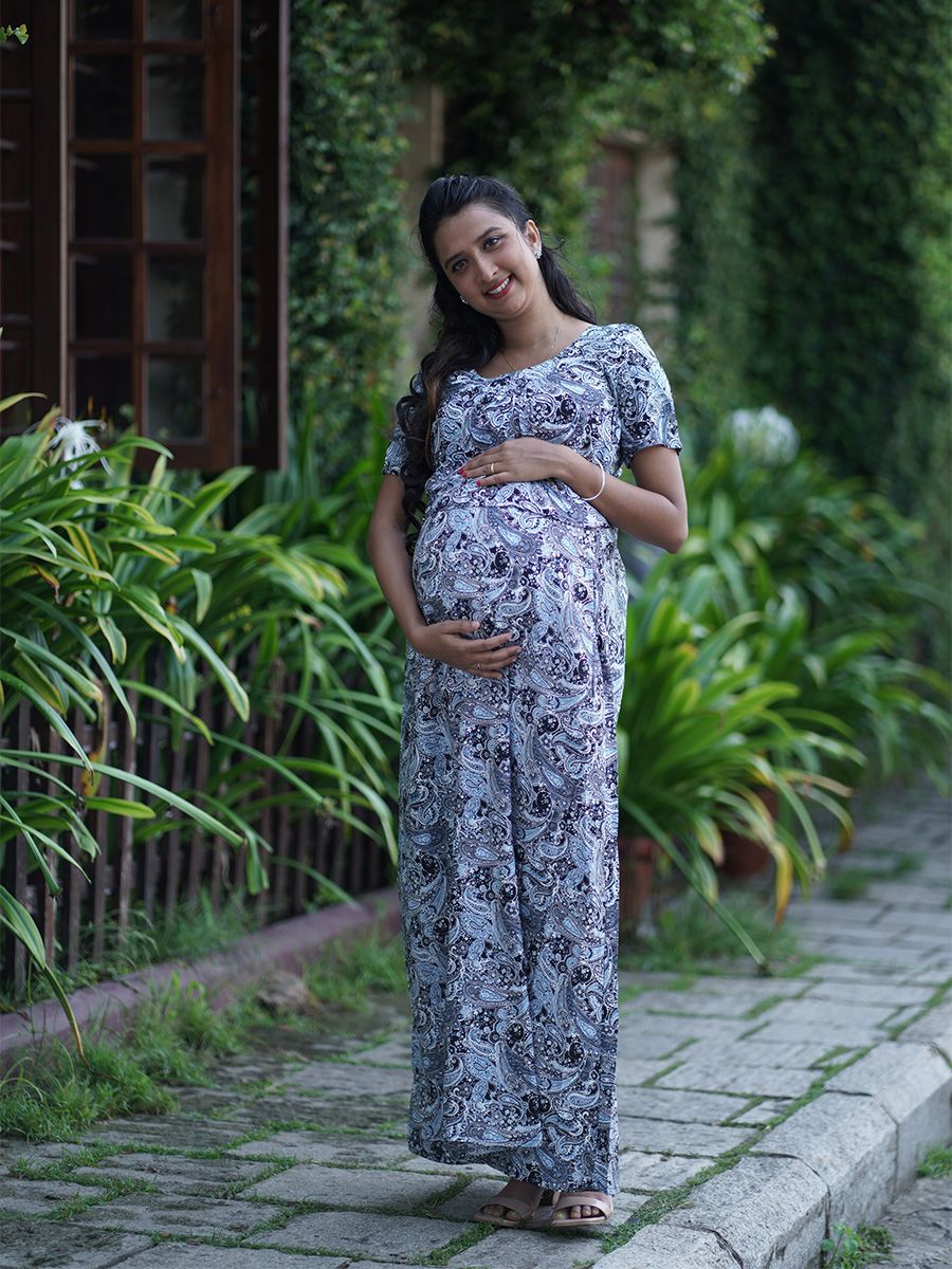 Maternity Full Night Gown-  (Blue)