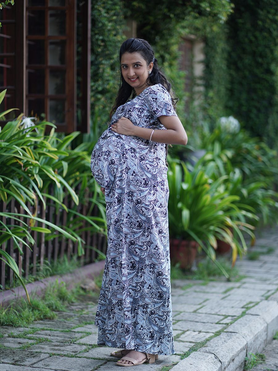 Maternity Full Night Gown-  (Blue)