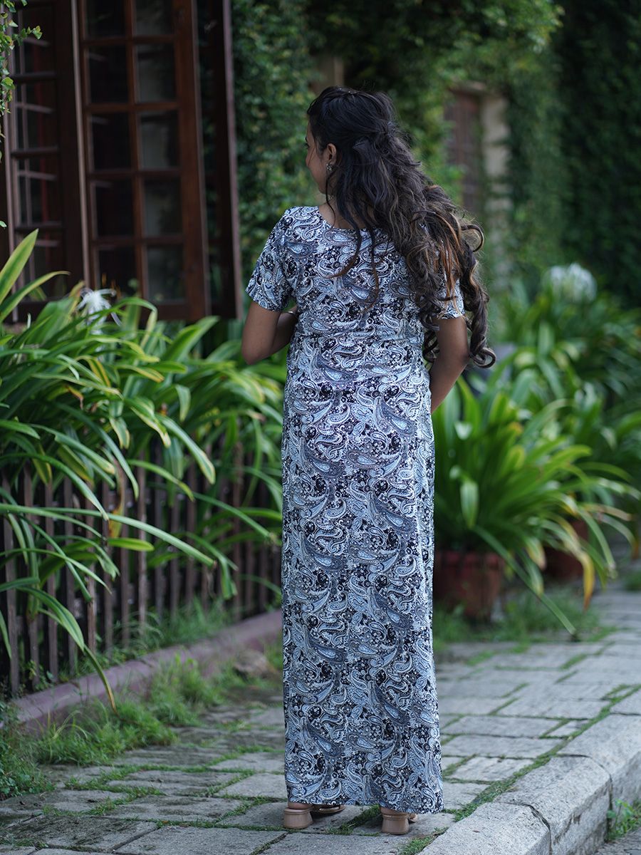 Maternity Full Night Gown-  (Blue)