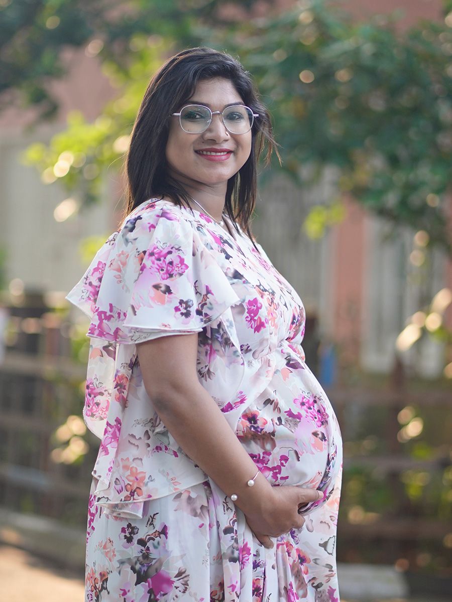 Maternity Party Wear Floral Dress- Offwhite