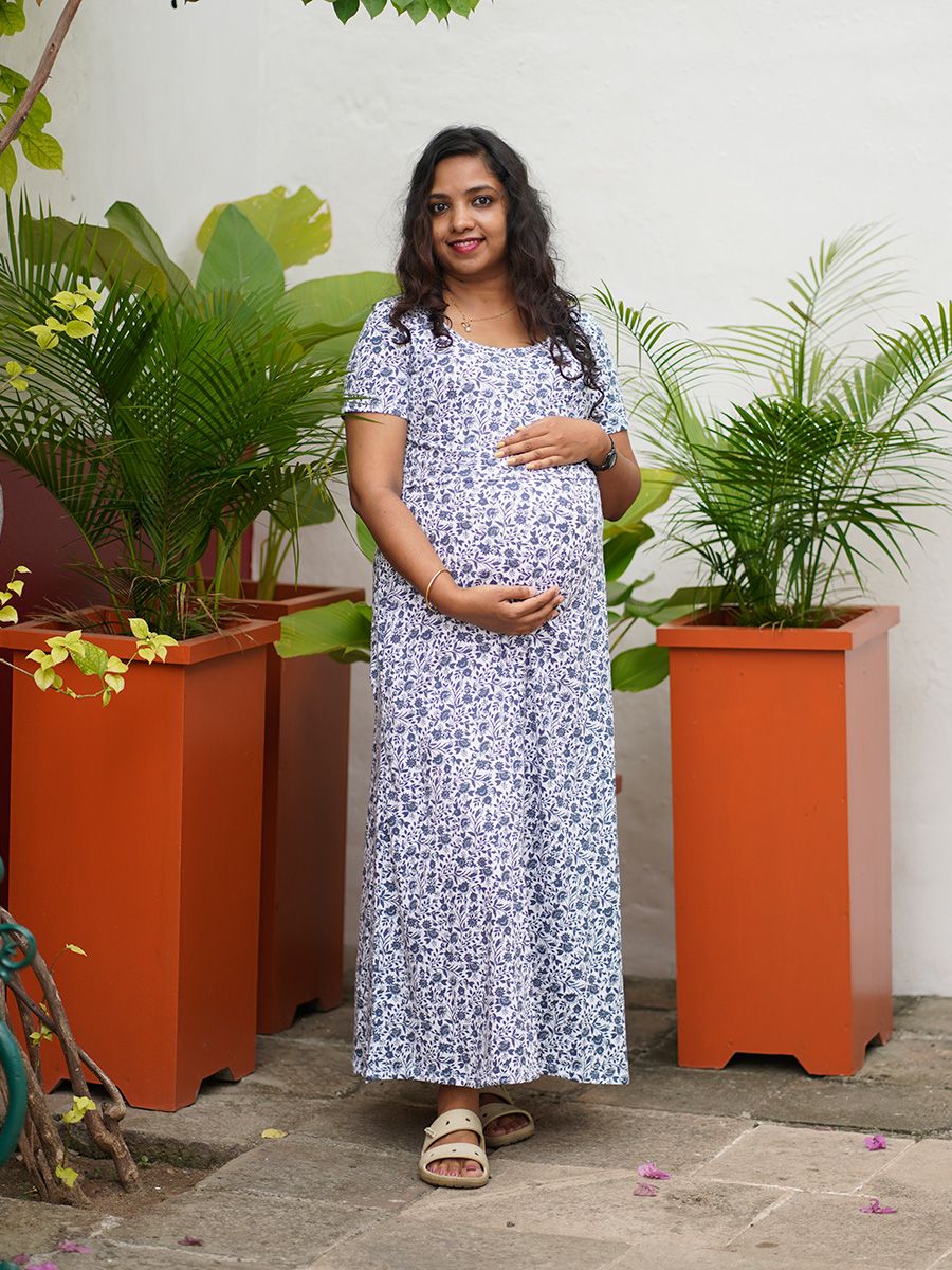 Maternity long Zipless Dress-  Gilda Navy Blue
