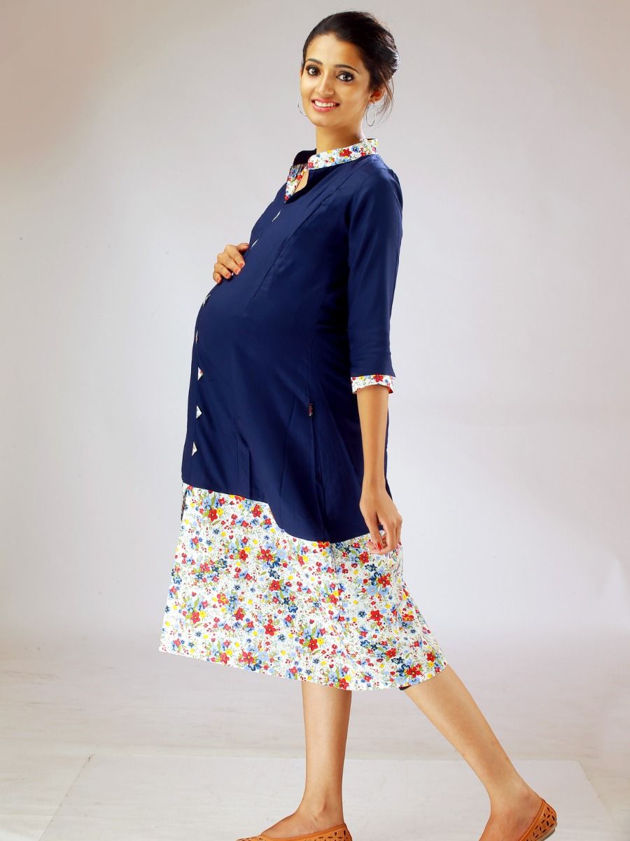 Maternity Kurta Floral Print On Bottom (Stuffy Blue)