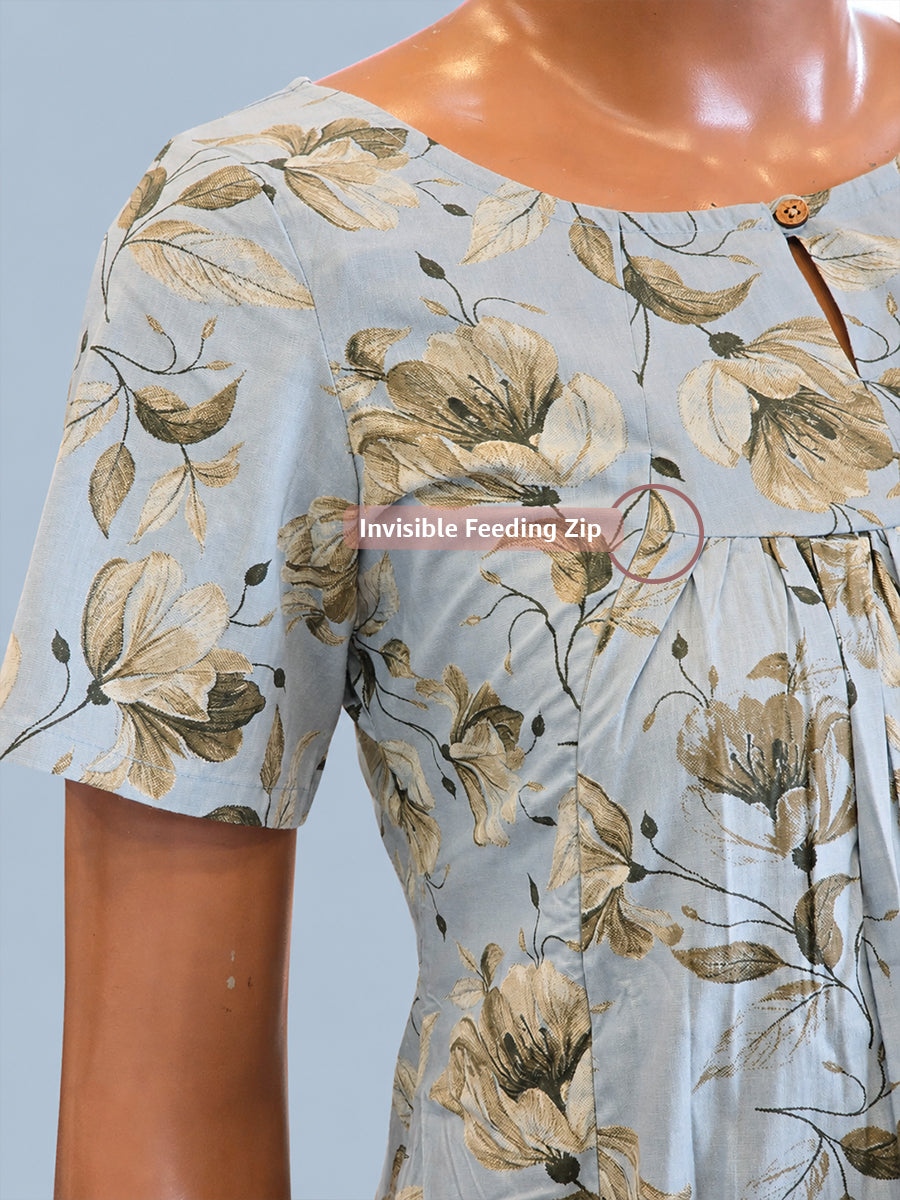 Ziva Maternity & Feeding Cotton Short Nighty with Zip & Pocket – Powder Blue Floral