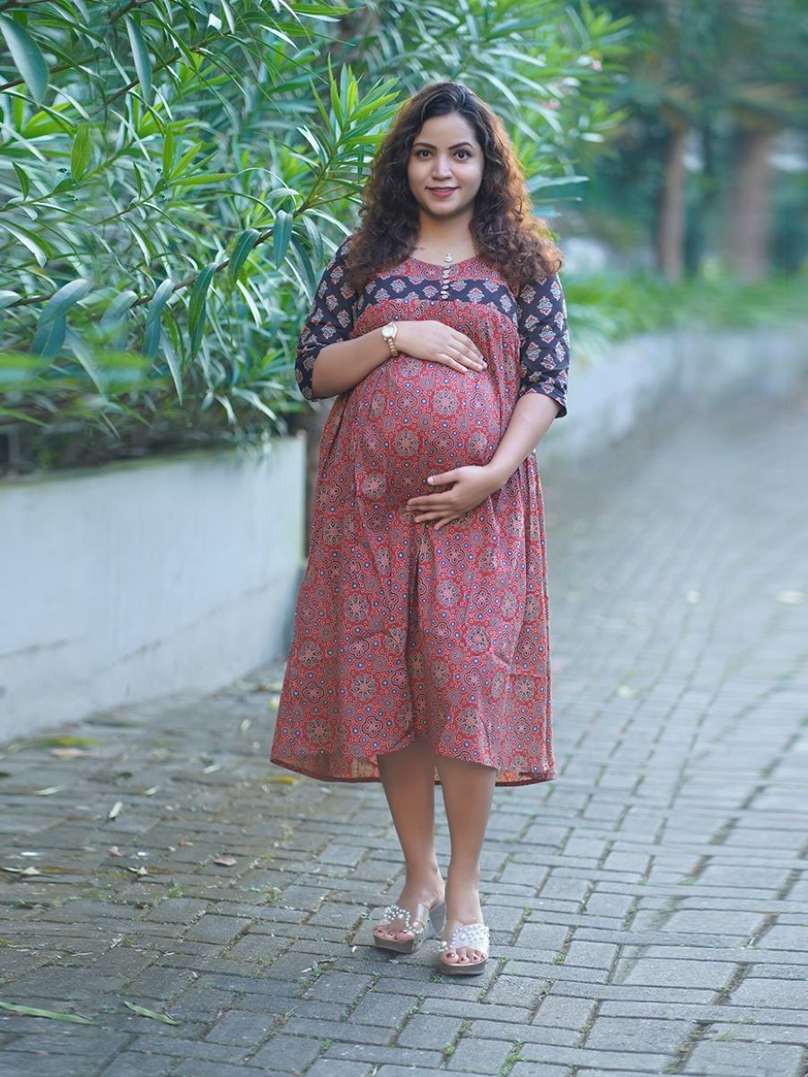 Maternity Short Dress Ajrakh-Nina(Red)