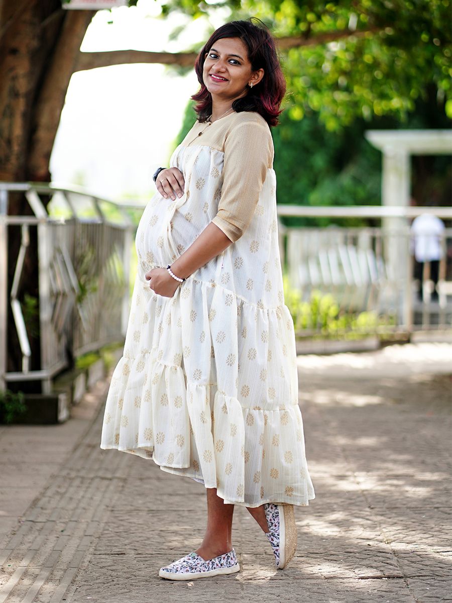 Golden Printed Maternity Short Dress - Onam Ellie Offwhite ZIVAMOMS Golden Printed Maternity Short Dress - Onam Ellie Offwhite ZIVAMOMS