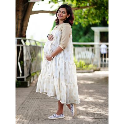 Golden Printed Maternity Short Dress - Ellie Offwhite
