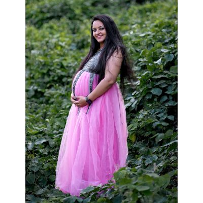 Baby Shower Ruffled Train Gown- Pink