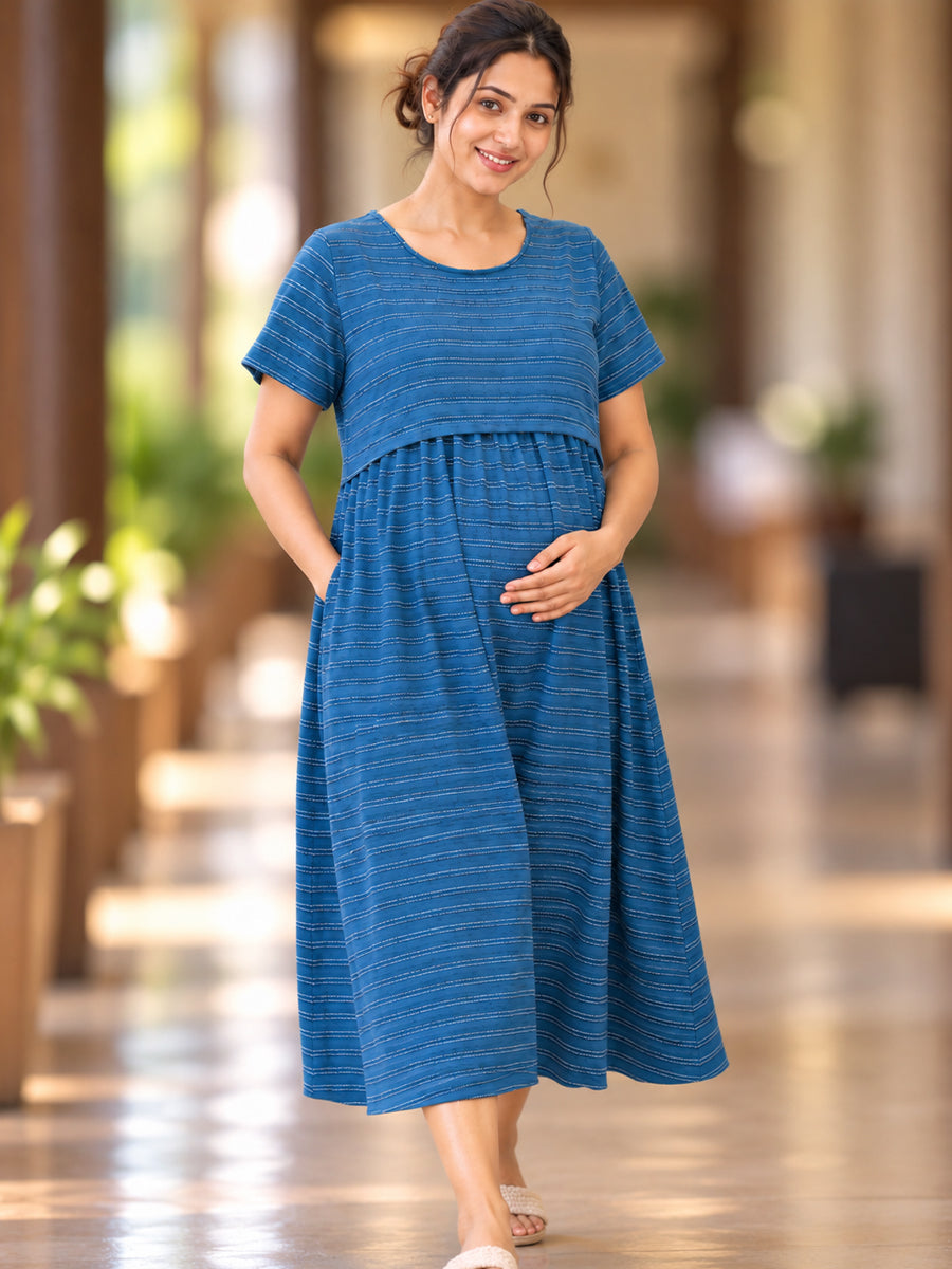 Ziva Zipless Maternity & Feeding Knitted Dress with Adjustable Back Tie & Side Pocket | Deep Teal Blue Fine White Stripe