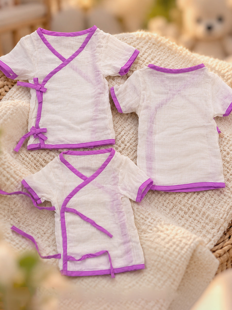 Ziva Baby Newborn Muslin Jabala – 3-Piece Side-Open Overlap Adjustable Tie Set | White & Lavender
