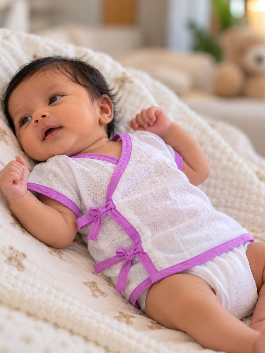 Ziva Baby Newborn Muslin Jabala – 3-Piece Side-Open Overlap Adjustable Tie Set | White & Lavender
