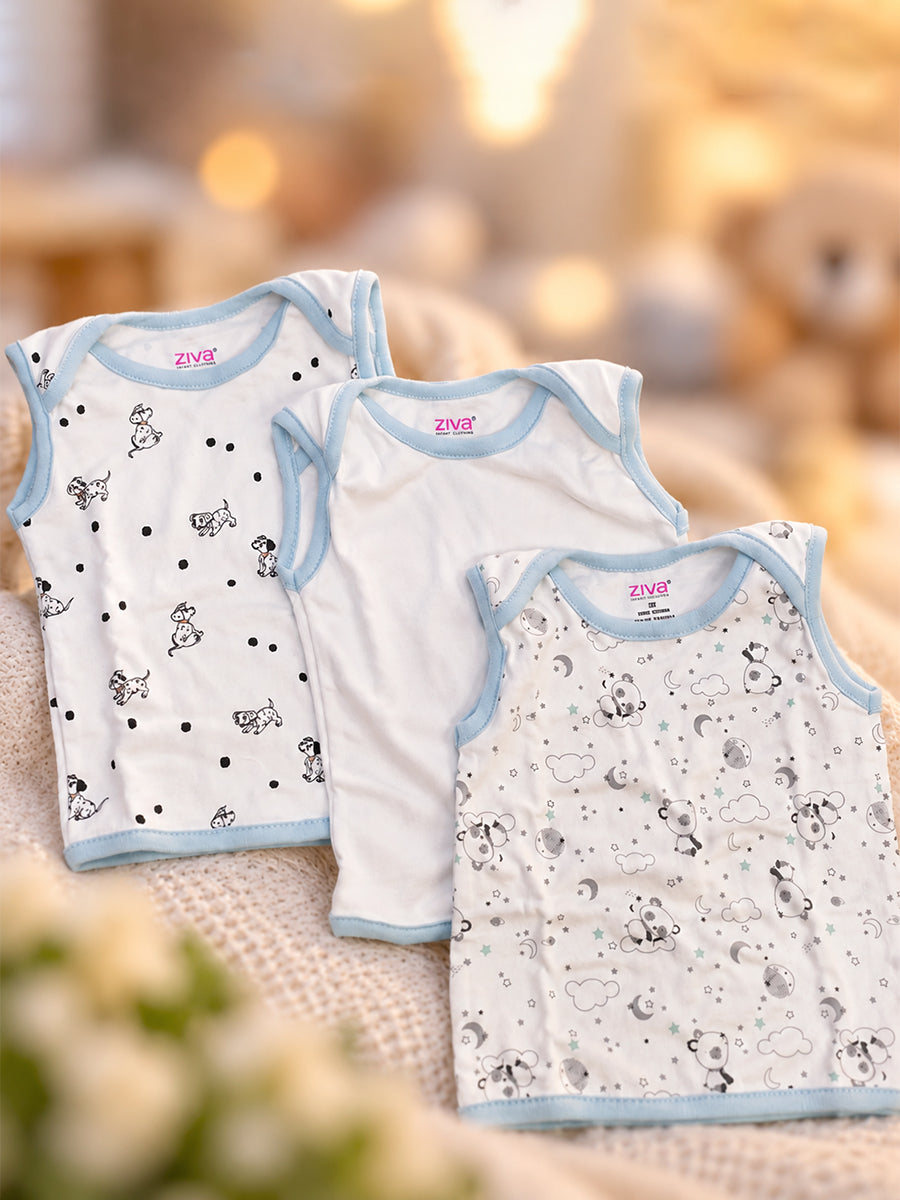 Ziva Baby Boy Newborn Knitted Cotton Sleeveless Tops – 3-Piece Assorted Set | White & Baby Light Blue