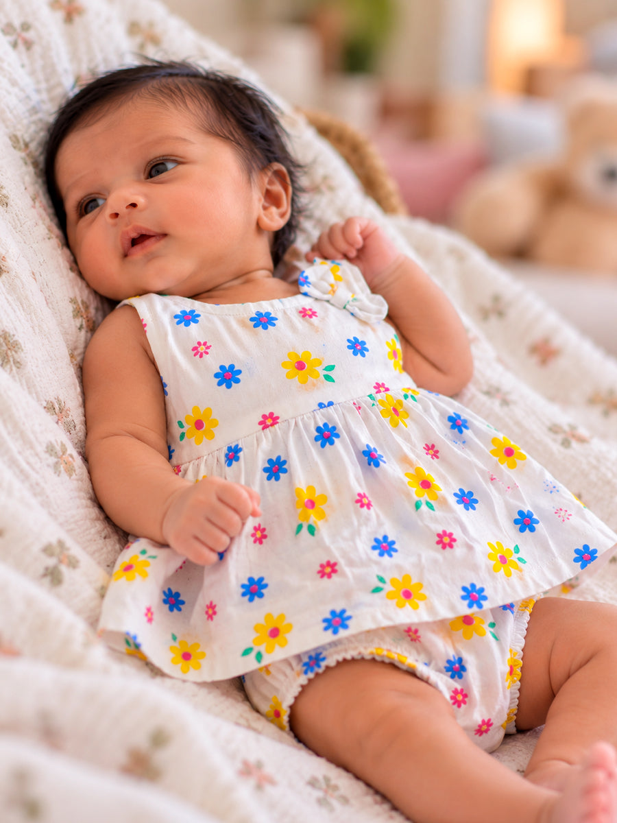 Ziva Newborn Baby Girl Knitted Cotton Floral Frock & Bloomer Set | White Multicolour Daisy Print