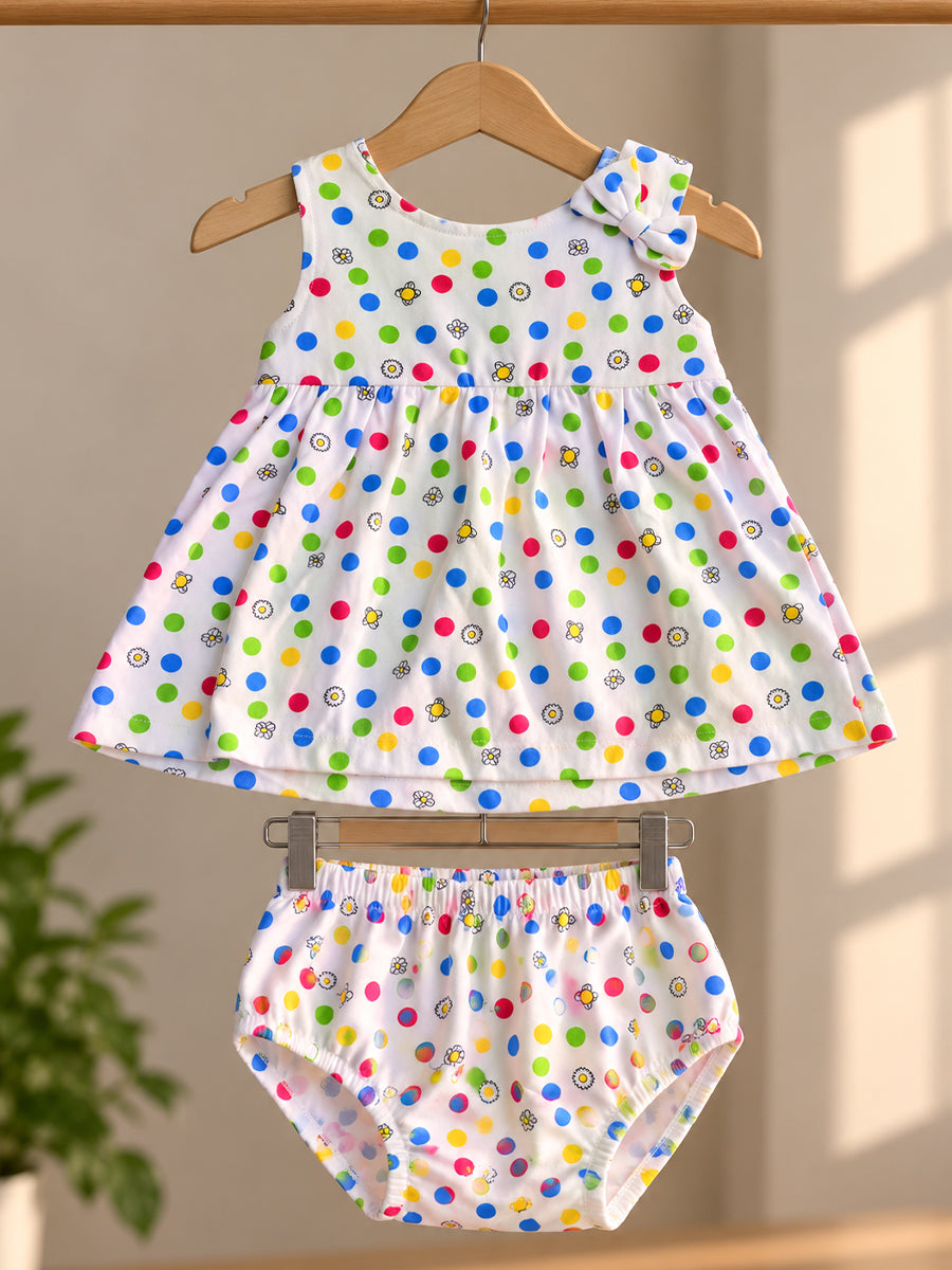 Ziva Newborn Baby Girl Knitted Cotton Frock & Bloomer Set | White Multicolour Polka Dot & Daisy Print