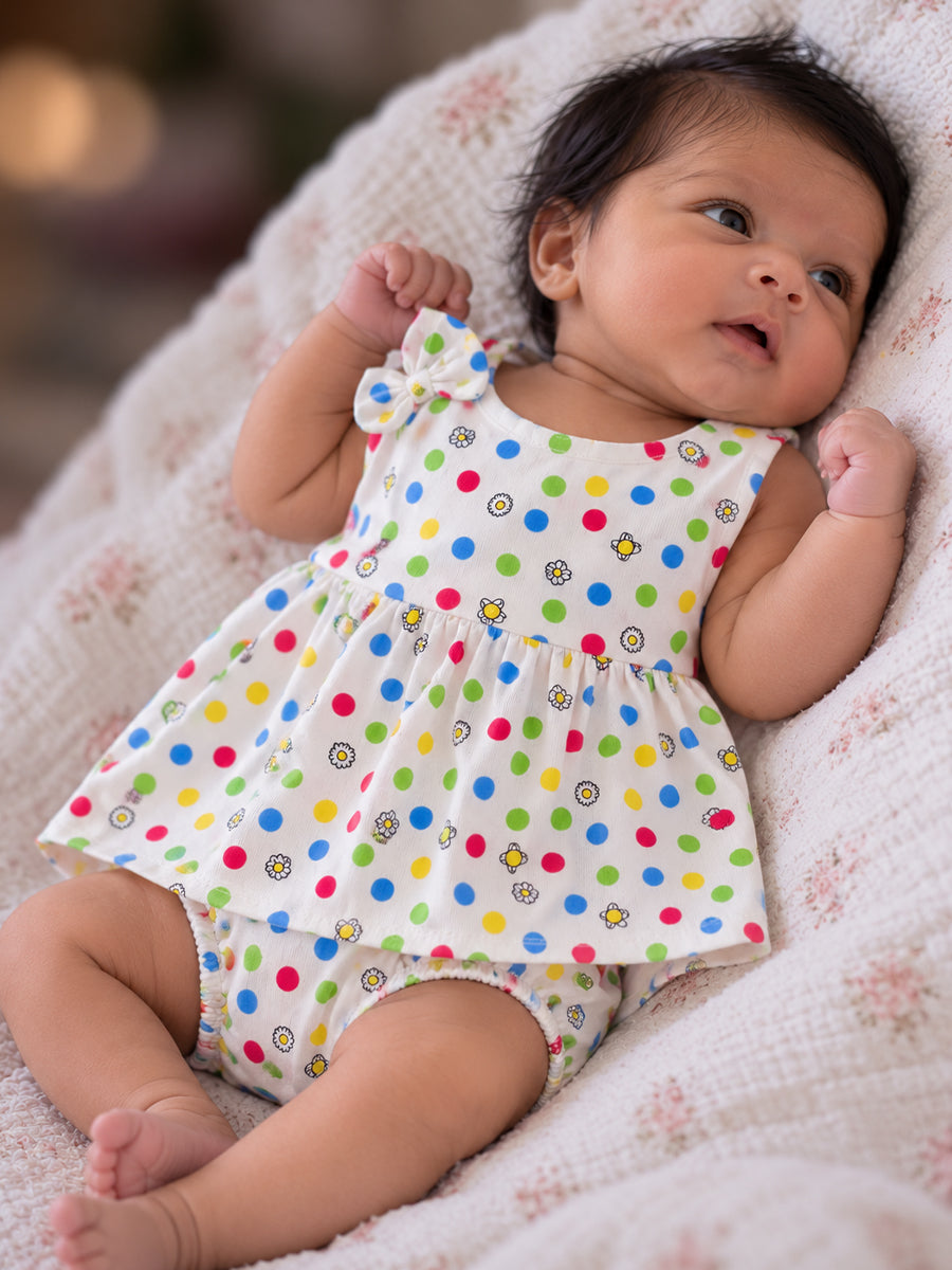 Ziva Newborn Baby Girl Knitted Cotton Frock & Bloomer Set | White Multicolour Polka Dot & Daisy Print