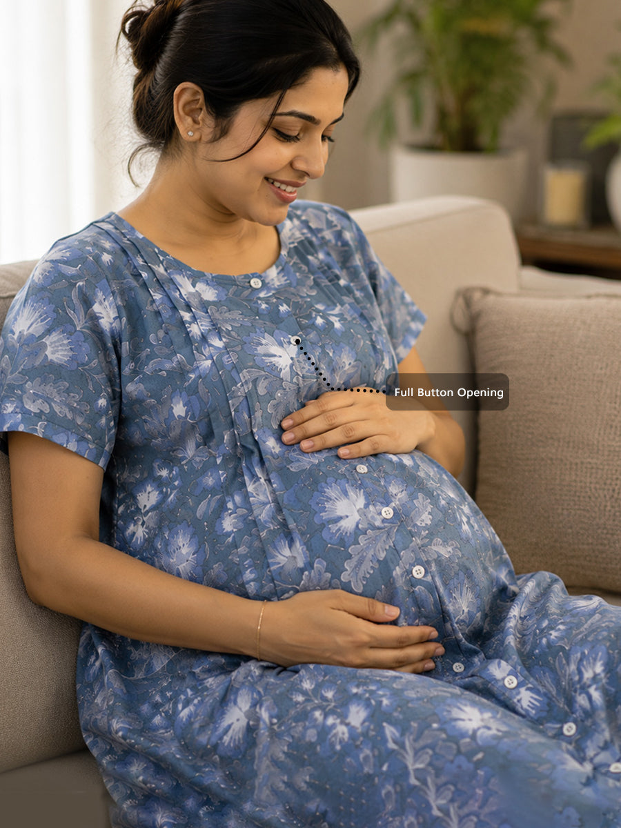 Ziva Maternity & Feeding Cotton Full-Open Short Nighty – Grey Blue Floral Print