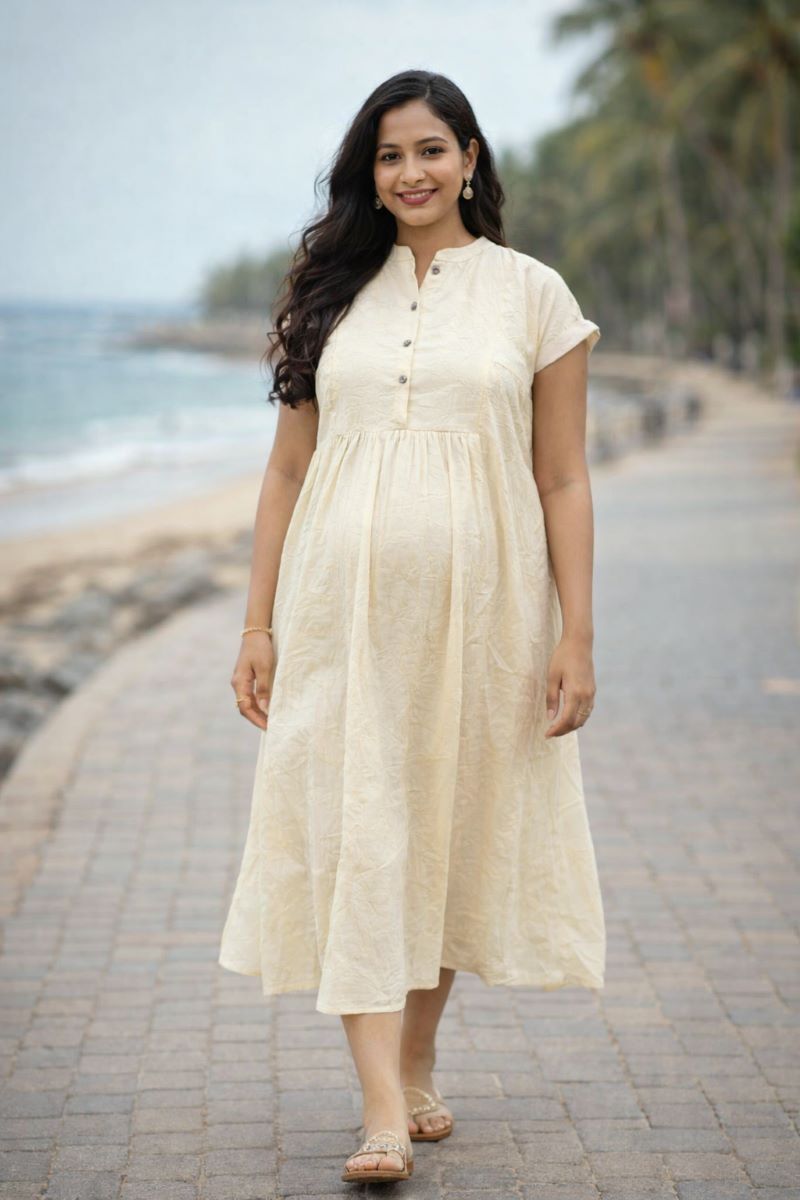 Ziva Cream Premium Crinkle Textured Maternity & Nursing Dress