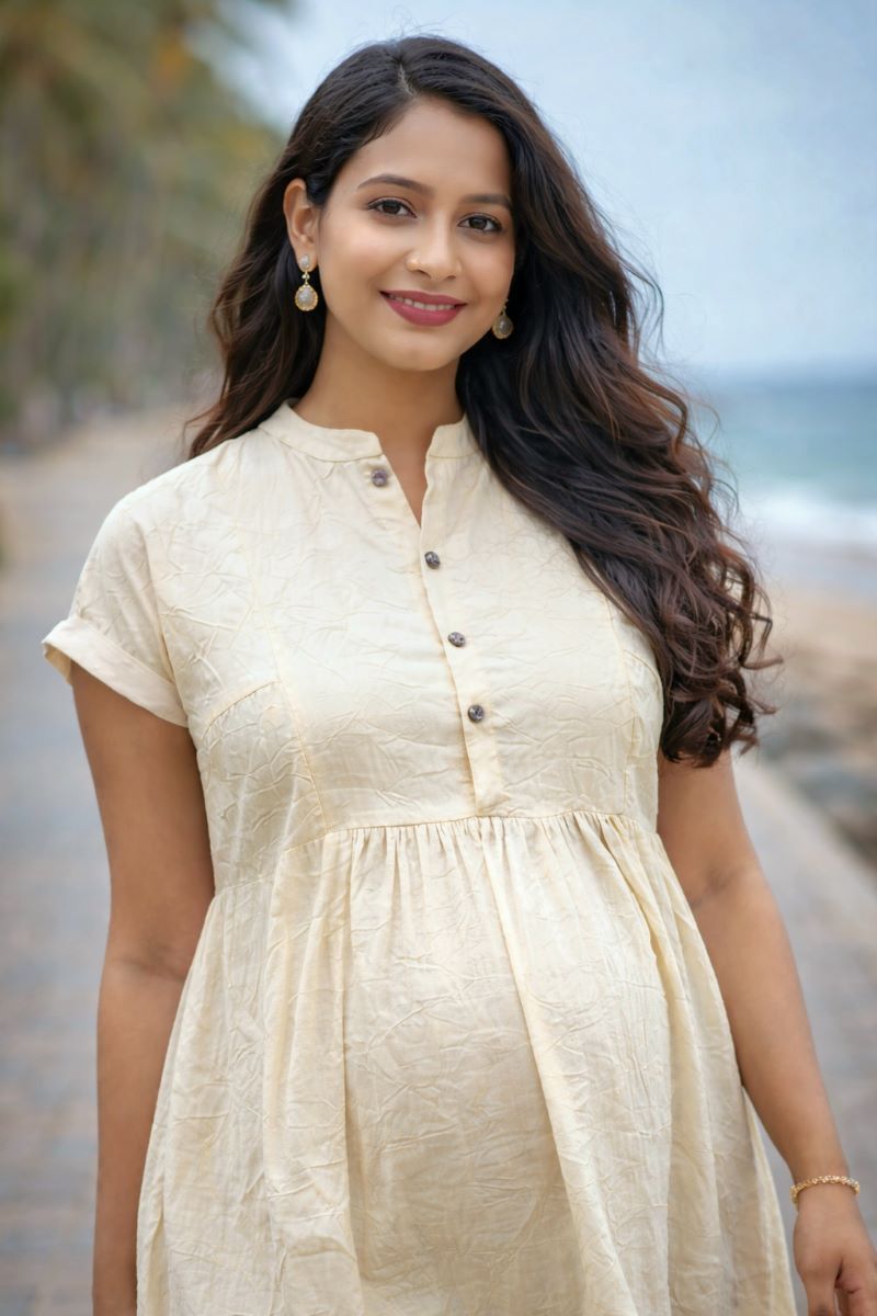 Ziva Cream Premium Crinkle Textured Maternity & Nursing Dress