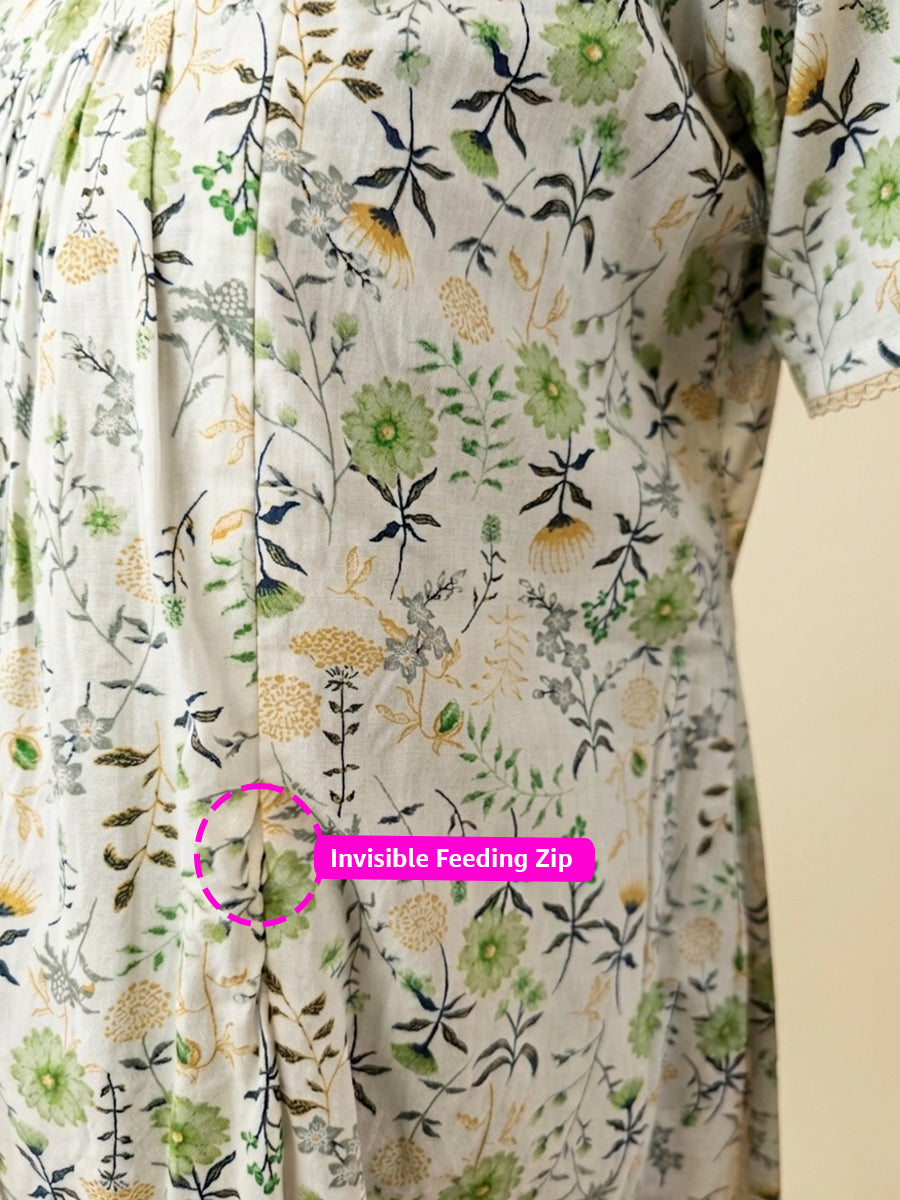 Ziva Cotton Maternity & Feeding Short Nighty with Pocket and Two Side Invisible Feeding Zips  – Light Green & Yellow Floral