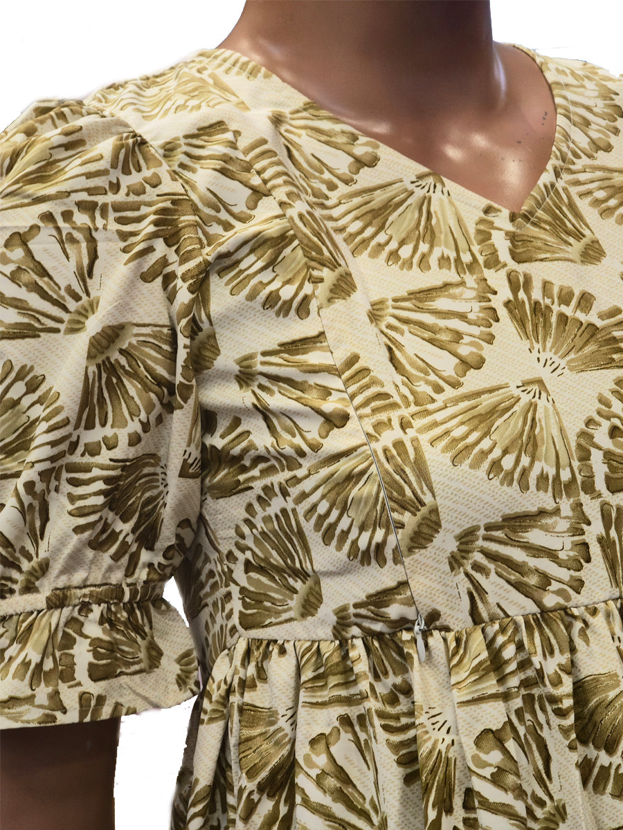 Off-White & Pastel Olive Floral Block Print Maternity & Nursing Dress