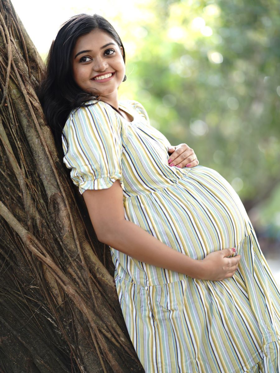 Maternity Short Dress- Lines (Yellow)