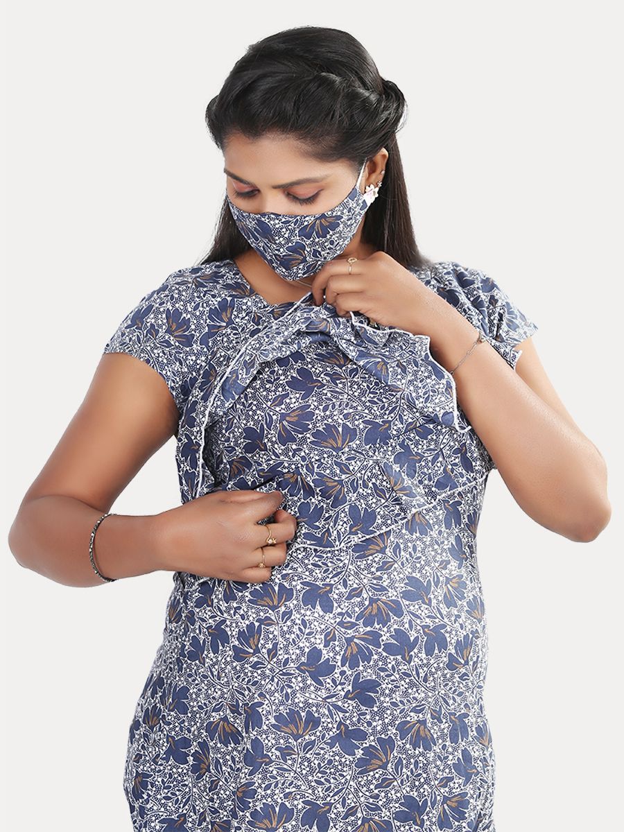 Maternity Nightie Short with Free Mask (Hemal Dark Blue)