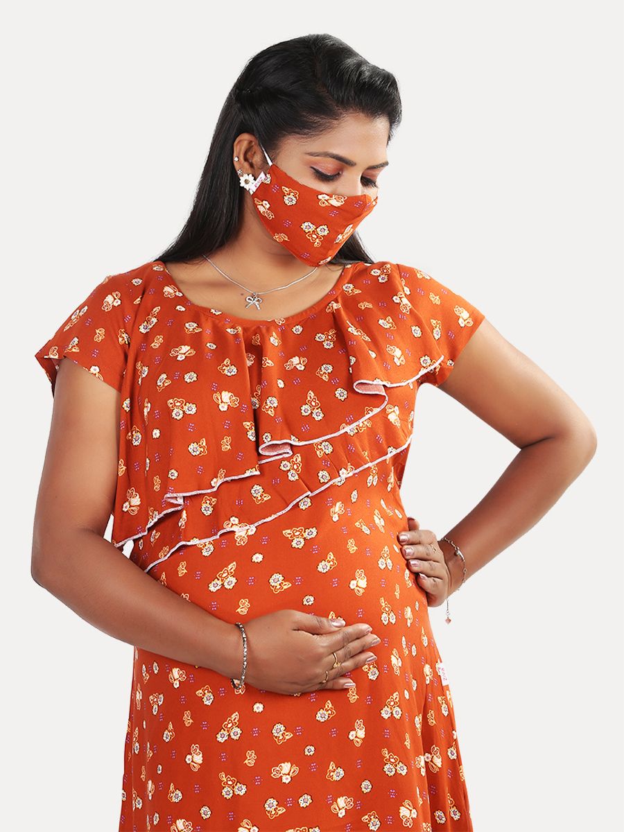 Maternity Nightie Short with Free Mask (Hemal Brown)